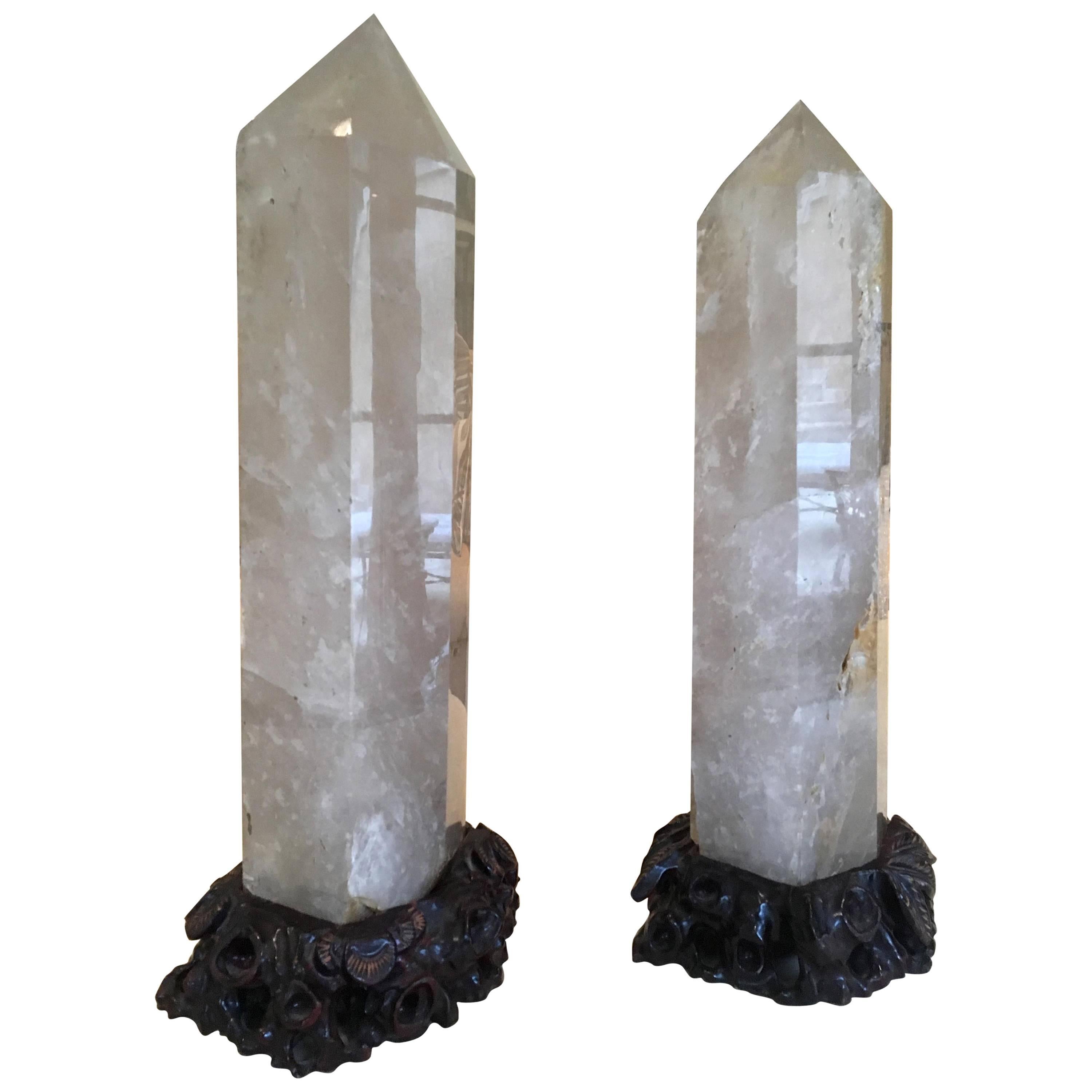 Pair of Quartz Rock Crystal Obelisks on Custom Hand-Carved Wooden Stands