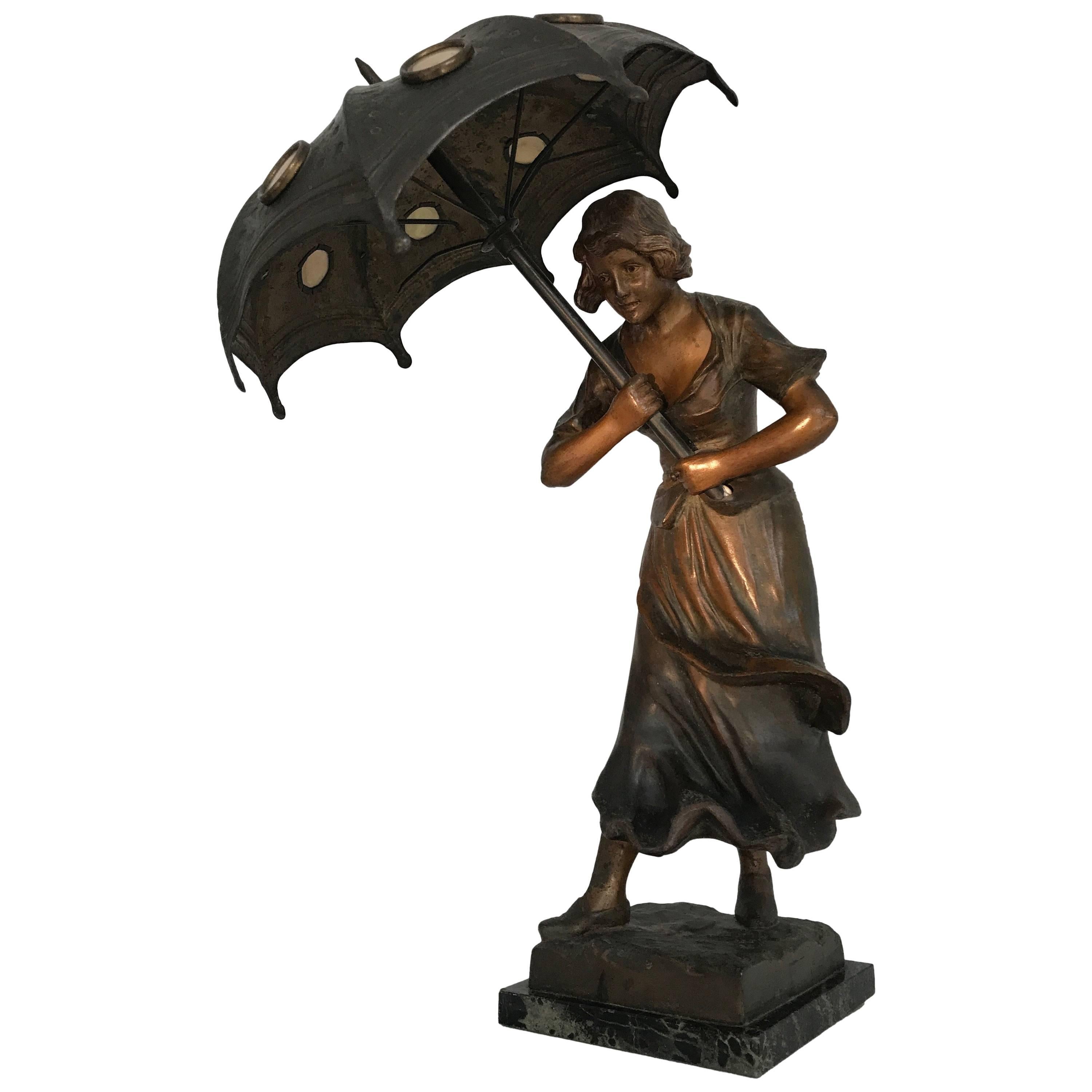 Stunning Art Deco Sculpture Desk or Table Lamp, Girl with Umbrella in the Wind