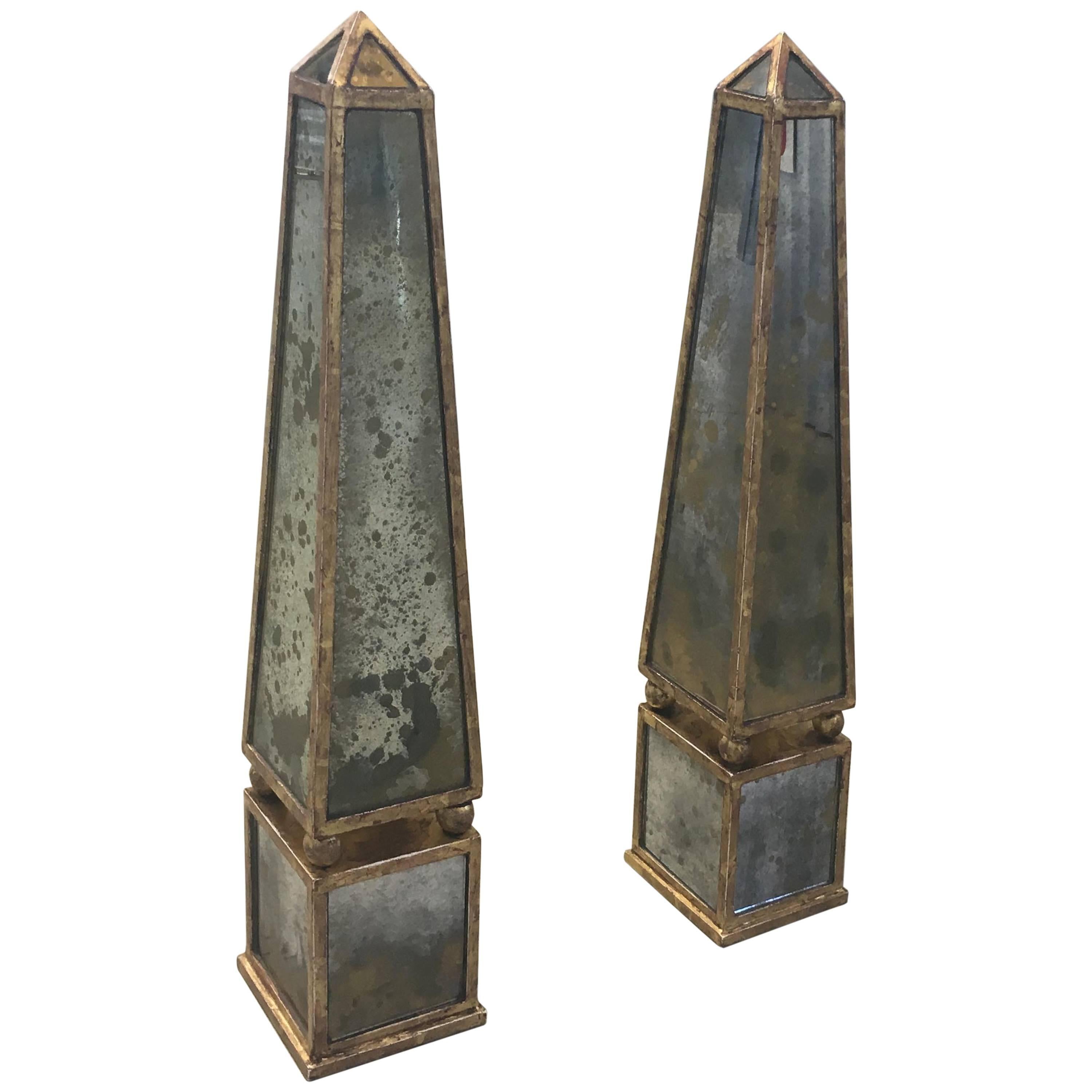 Pair of Classic Antique Gold Mirror Obelisks with Rubbed Gold Leaf Armature