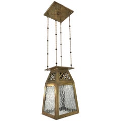 Good Looking, Early 1900s Arts and Crafts Pendant Brass and Glass Light Lantern