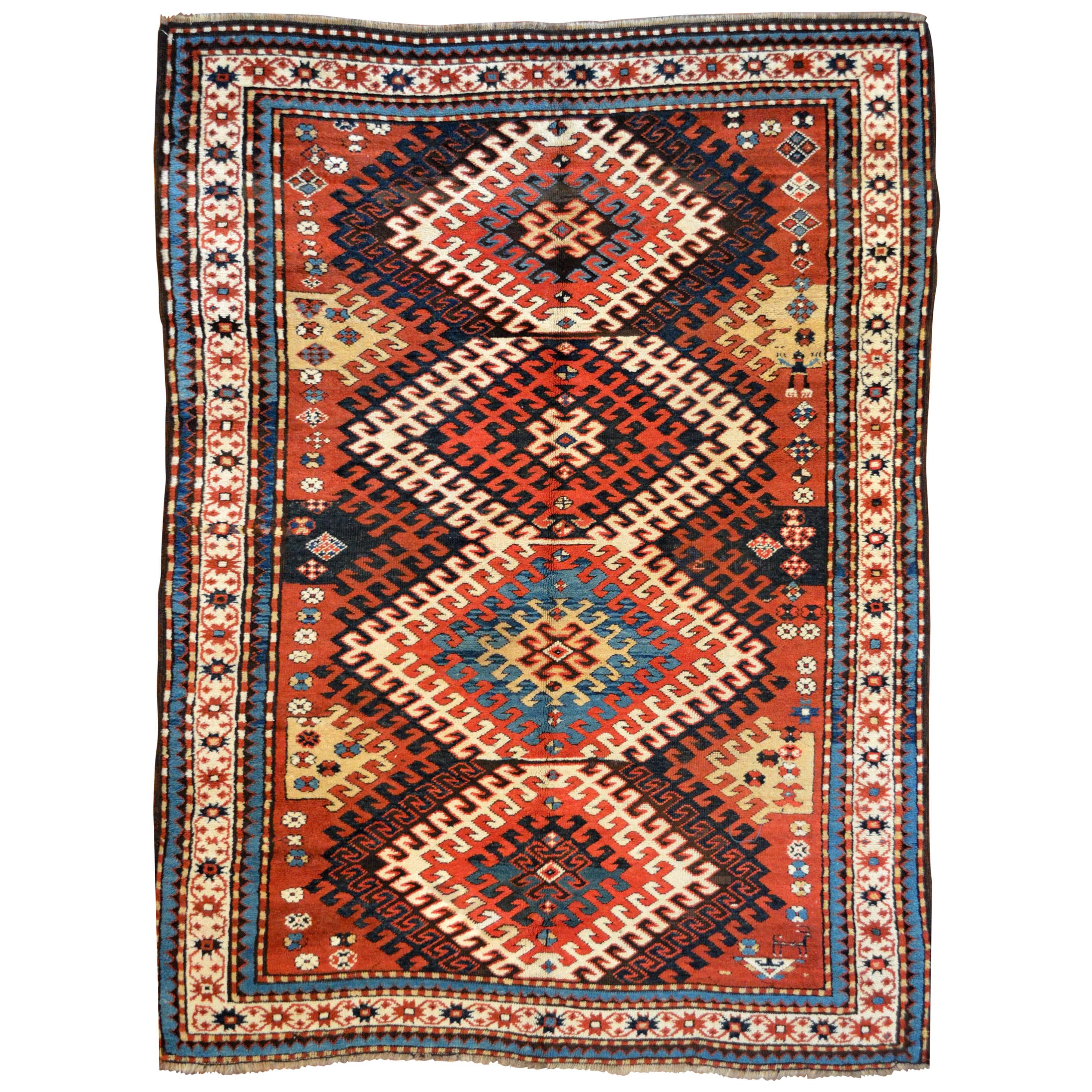 Late 19th Century Antique Caucasian Kazak Rug For Sale