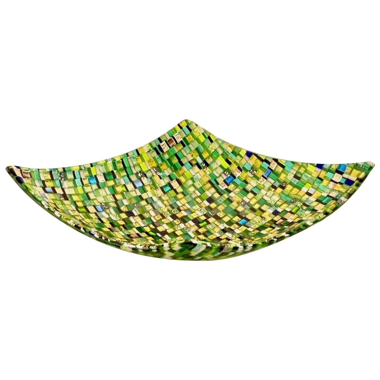 Modern Italian Jewel-Like Green Yellow & 24Kt Gold Murano Art Glass Mosaic Bowl For Sale