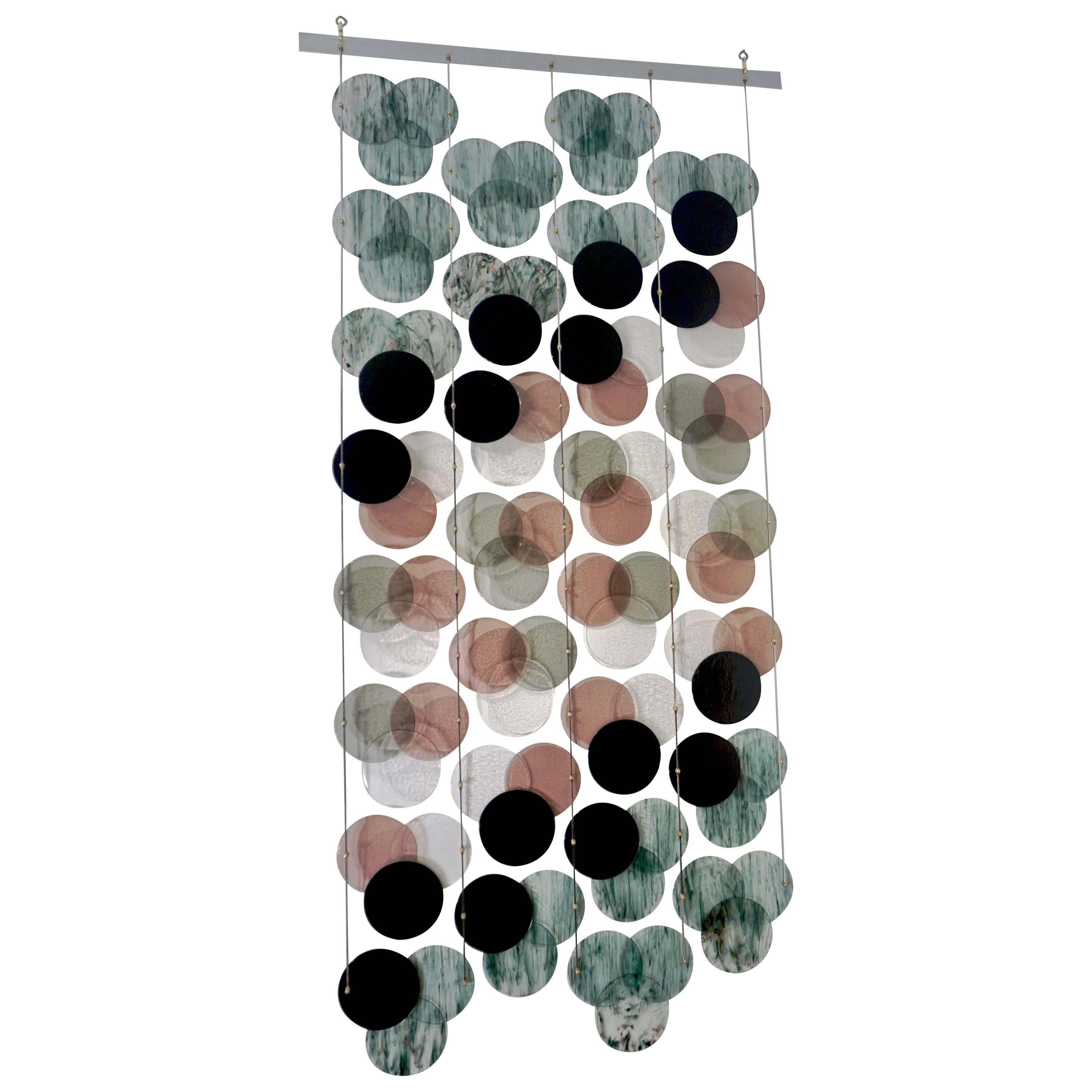 The Moderns Modern Italian Black Pink Blue Circle Murano Glass Room Divider/Screen
