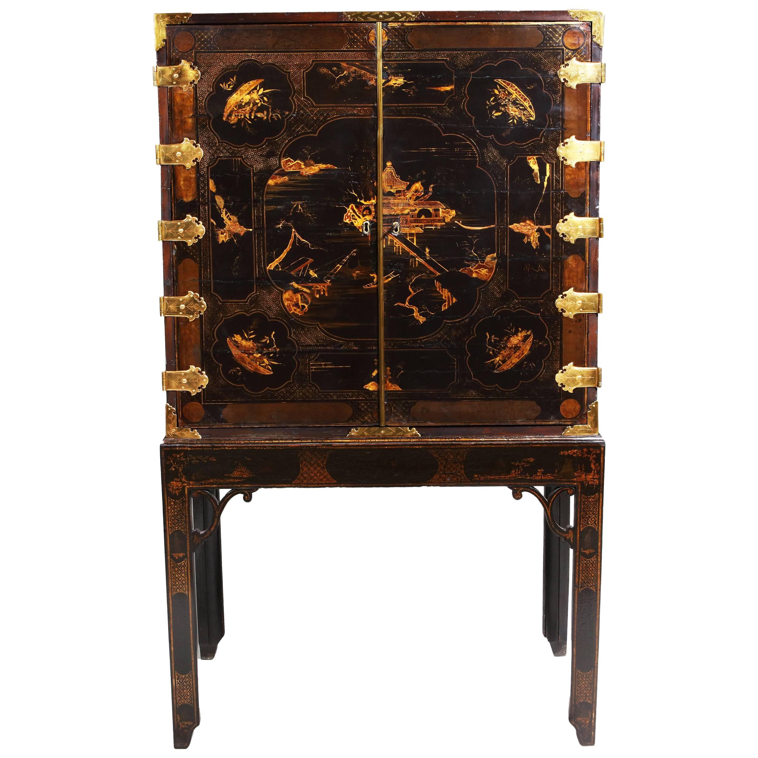 George III Black Japanned Lacquer Cabinet on Stand