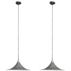Pair of Two Chrome Trumpet Pendant Chandeliers