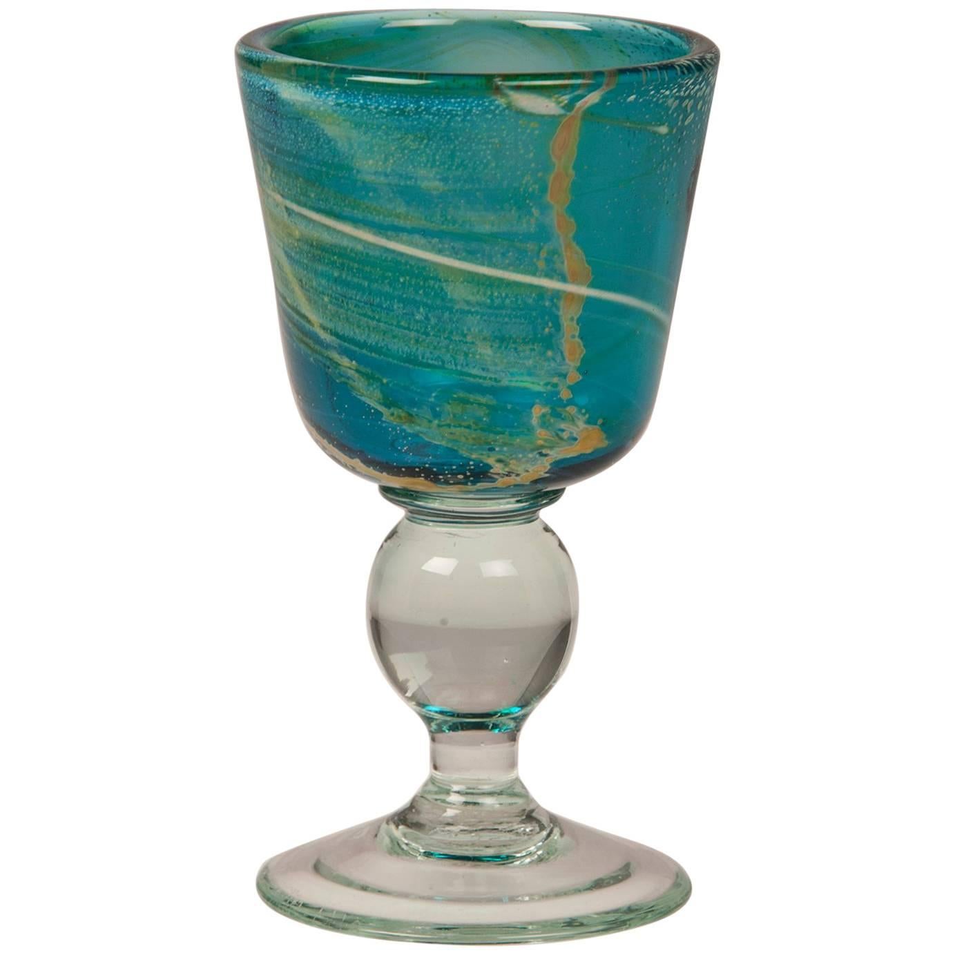 Vintage Mdina Glass Goblet of Turquoise Color Malta, circa 1975, Signed For Sale