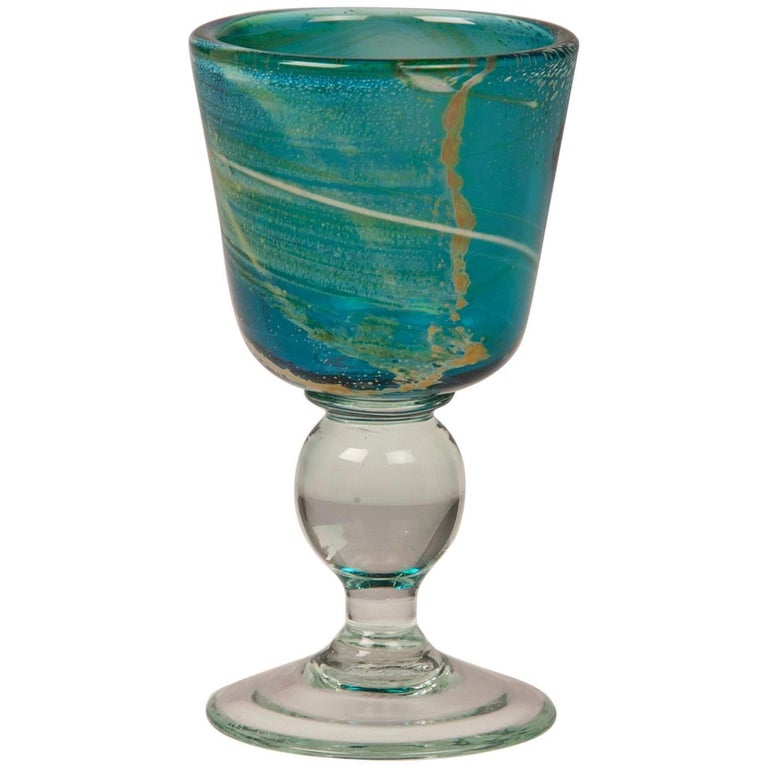 Vintage Mdina Glass Goblet of Turquoise Color Malta, circa 1975, Signed