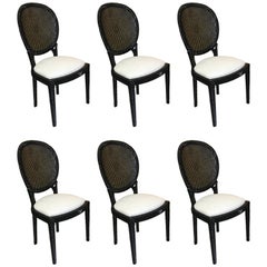 Six Black Lacquered and Cane Dining Room Chairs, in the Manner of Maison Jansen