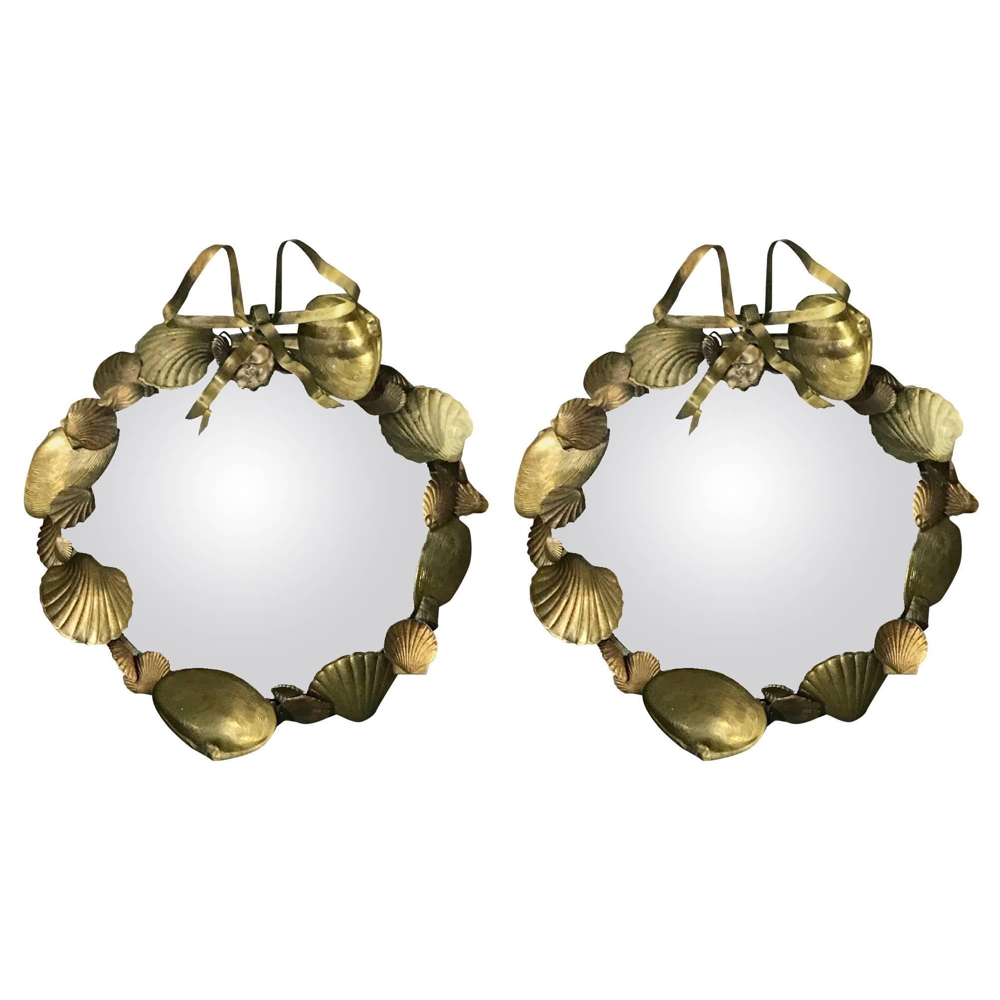 Pair of French Brass Shell Motif Convex Mirrors