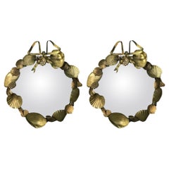 Pair of French Brass Shell Motif Convex Mirrors