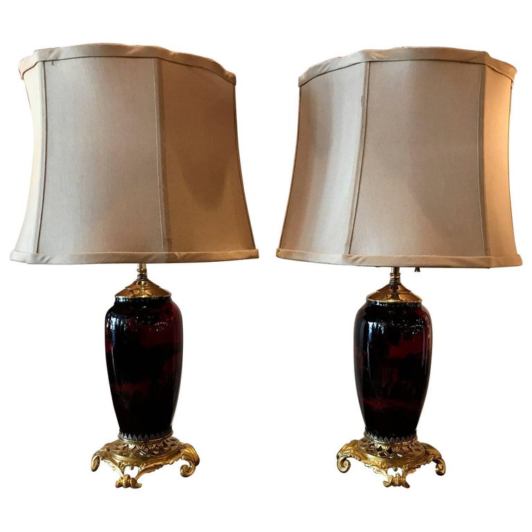 Pair of Antique English Flambe Doulton Lamps with Ormolu Mounts For