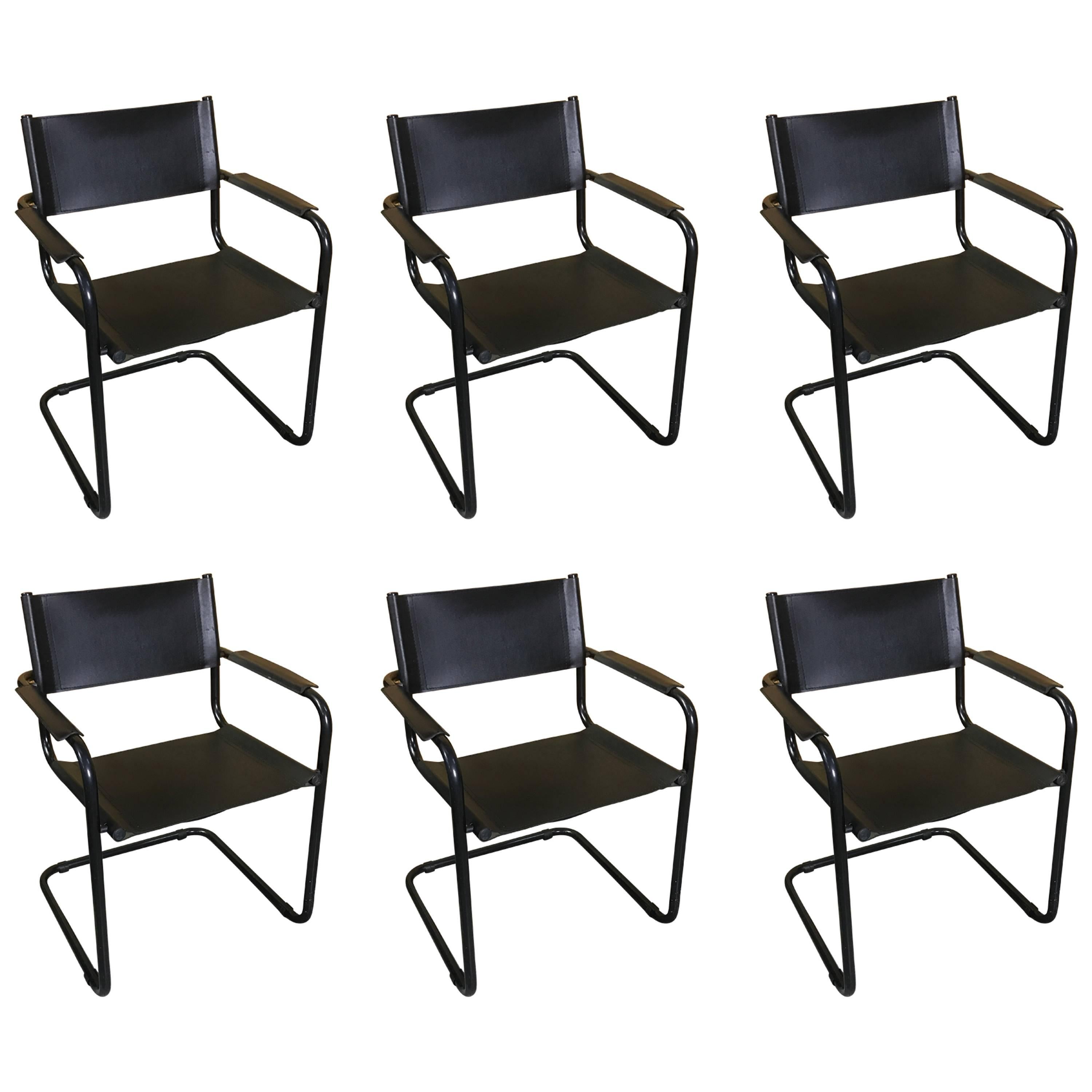 FOUR Leather and Blackened Chrome Arm Chairs by Mart Stam for Fasem
