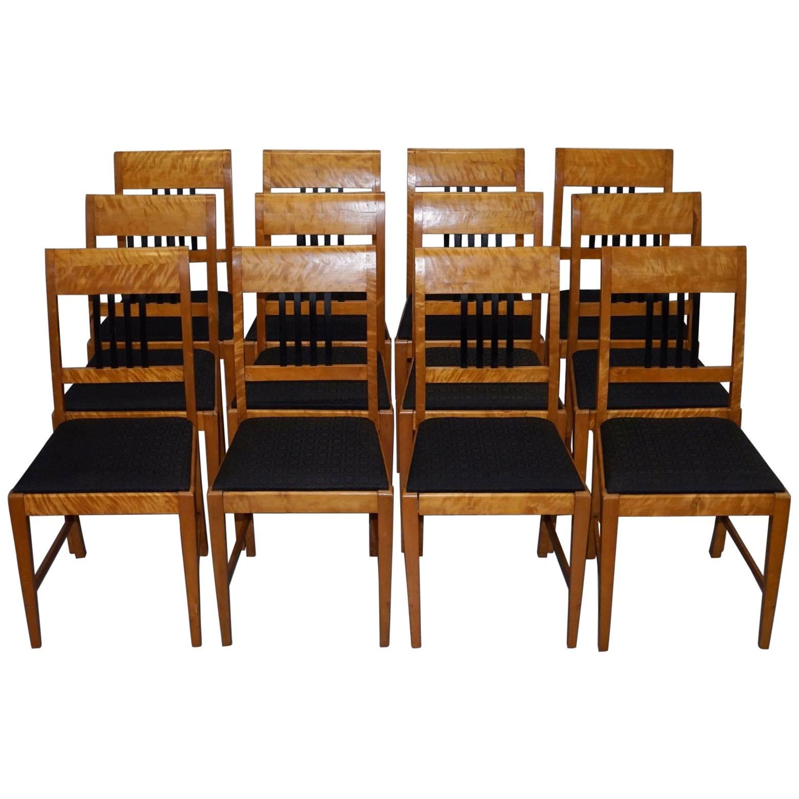 Rare Set of 12 Satin Birch Biedermeier Dining Chairs Swedish Victorian, 1900