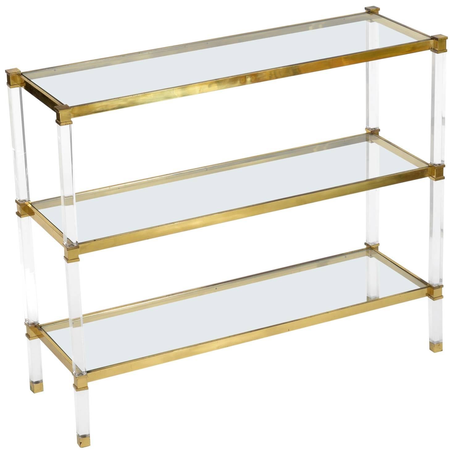 Midcentury Lucite, Brass and Glass Shelf-Console-Étagère