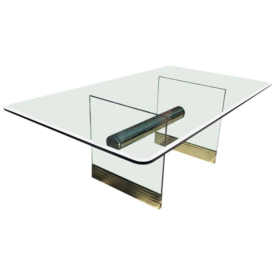 Monumental Long Glass and Brass Pace Dining Table or Desk