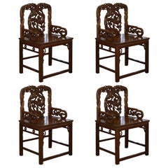 Rare Set of Four Antique Zitan Passion Flower Carved Chinese Imperial Chairs