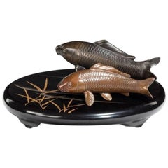 Vintage Two Meiji Period Bronze Carp