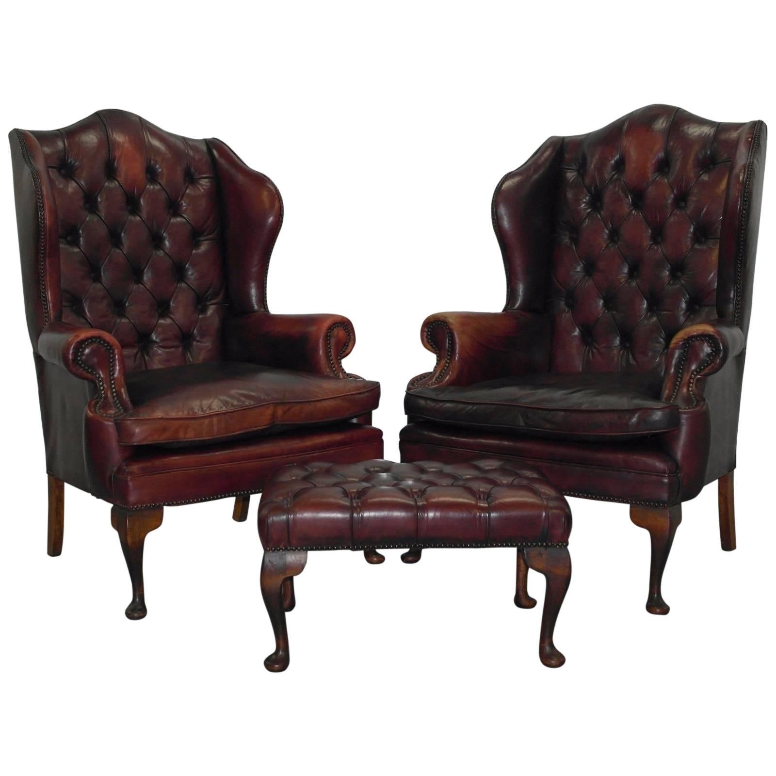 Pair of Chesterfield Oxblood Leather William Morris Armchairs with Footstool