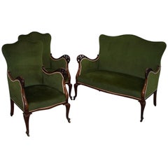 Antique Stamped Cornelius V Smith Victorian Mahogany Velvet Suite, Sofa and Armchairs