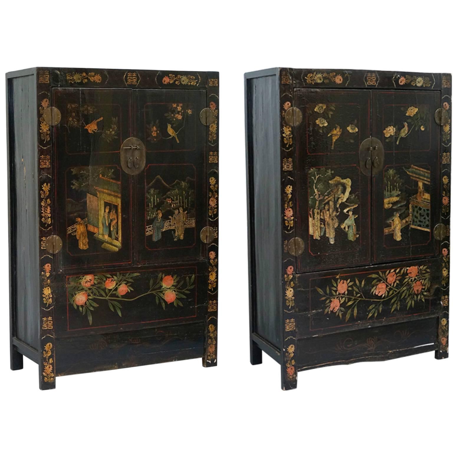 Pair of Chinese Solid Teak Chinoiserie Marriage Cabinets, circa 1880