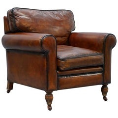 Restored Vintage Oak Hand-Dyed Brown Leather Club Armchair with Feather Cushions