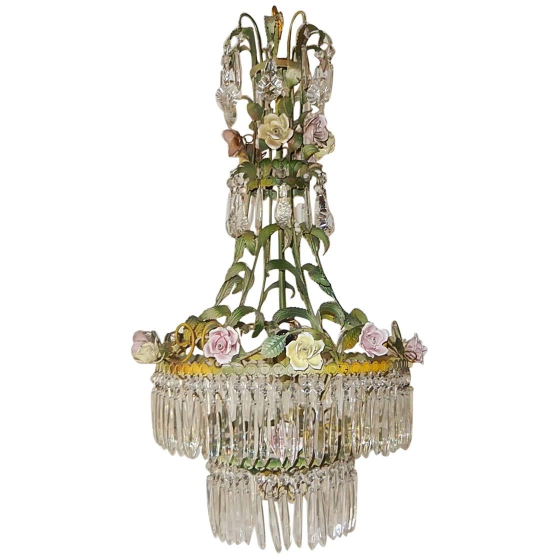 1920 French Porcelain Roses and Crystals Chandelier