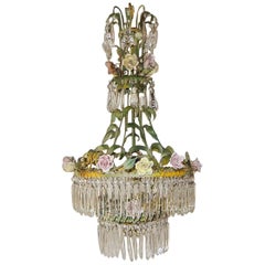 Antique 1920 French Porcelain Roses and Crystals Chandelier