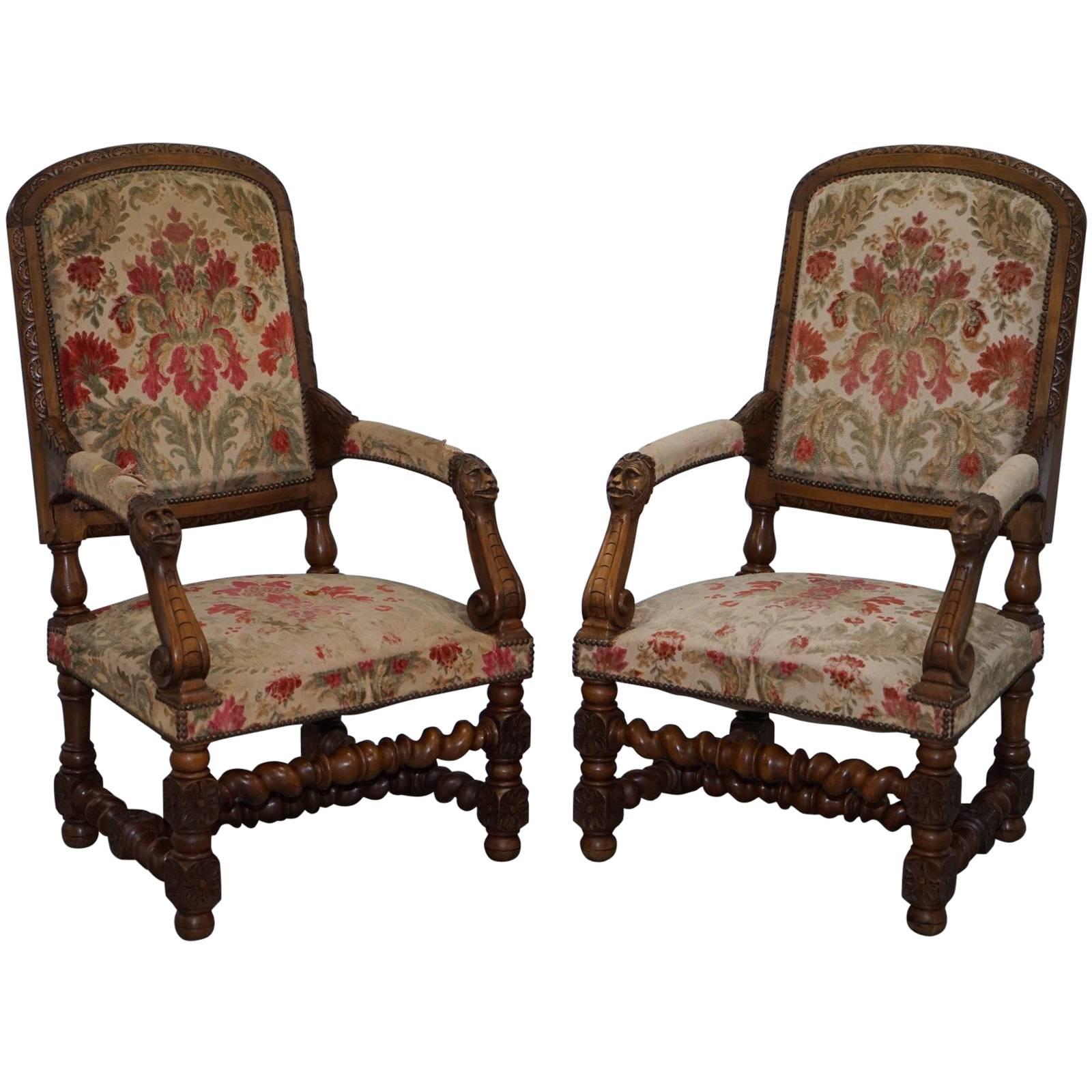 Pair of Walnut Framed Lion Head Carved Throne High Back Armchairs, circa 1870