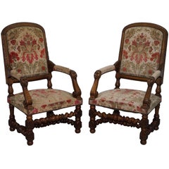 Antique Pair of Walnut Framed Lion Head Carved Throne High Back Armchairs, circa 1870