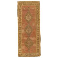Antique Oushak Carpet, Semi-Antique Handmade Oriental Rug, Coral, Taupe, Brown