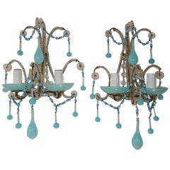 1920 French Aqua Blue Opaline Beaded Sconces