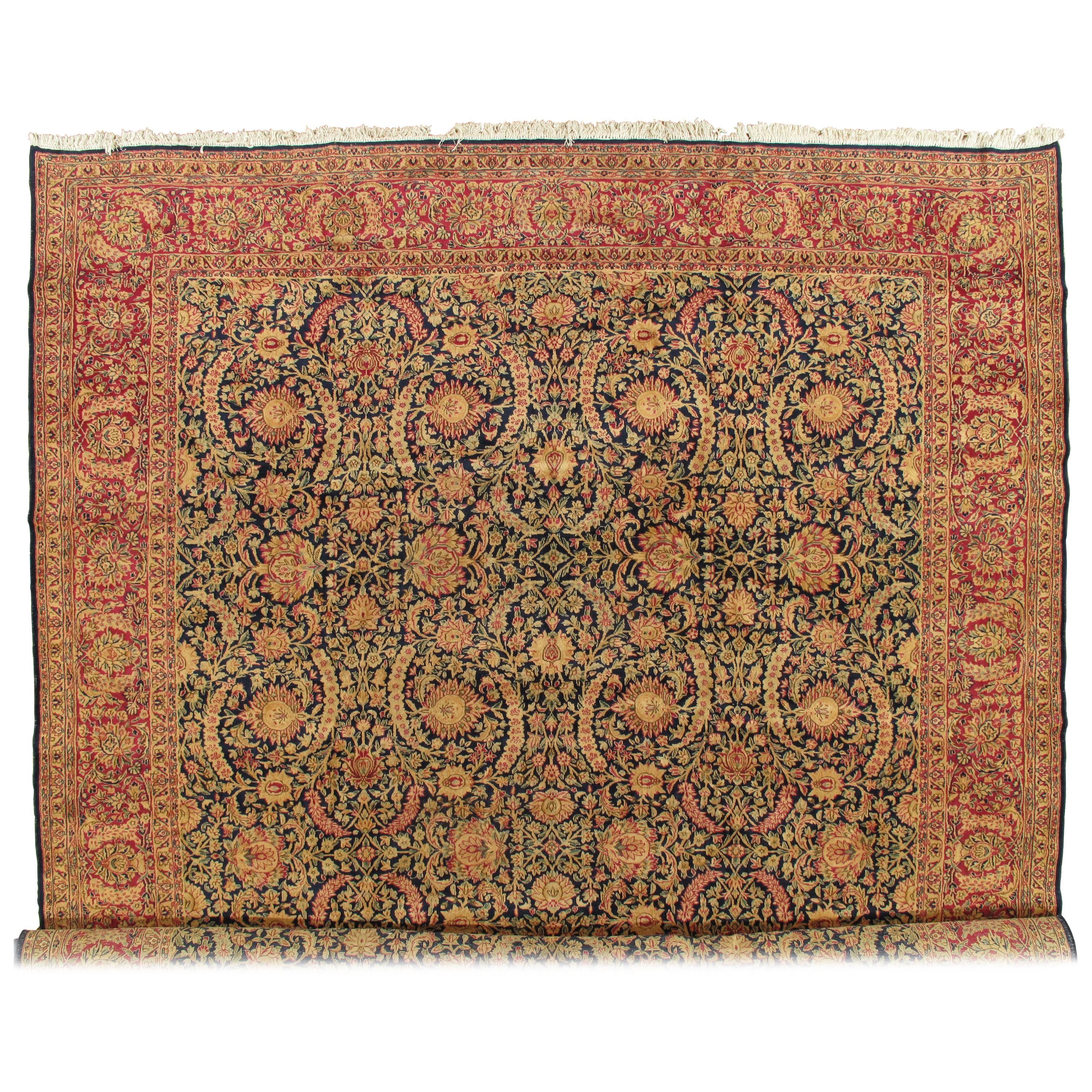 Tapis Kerman ancien, tapis persan artisanal d'Orient, rouge et bleu, sur toute la surface