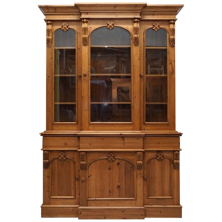 Antique English Pine Breakfront Hand Carved Wood Welsh Bookcase Antique English Pine Breakfront Hand Carved Wood Welsh Bookcase Cabinet For