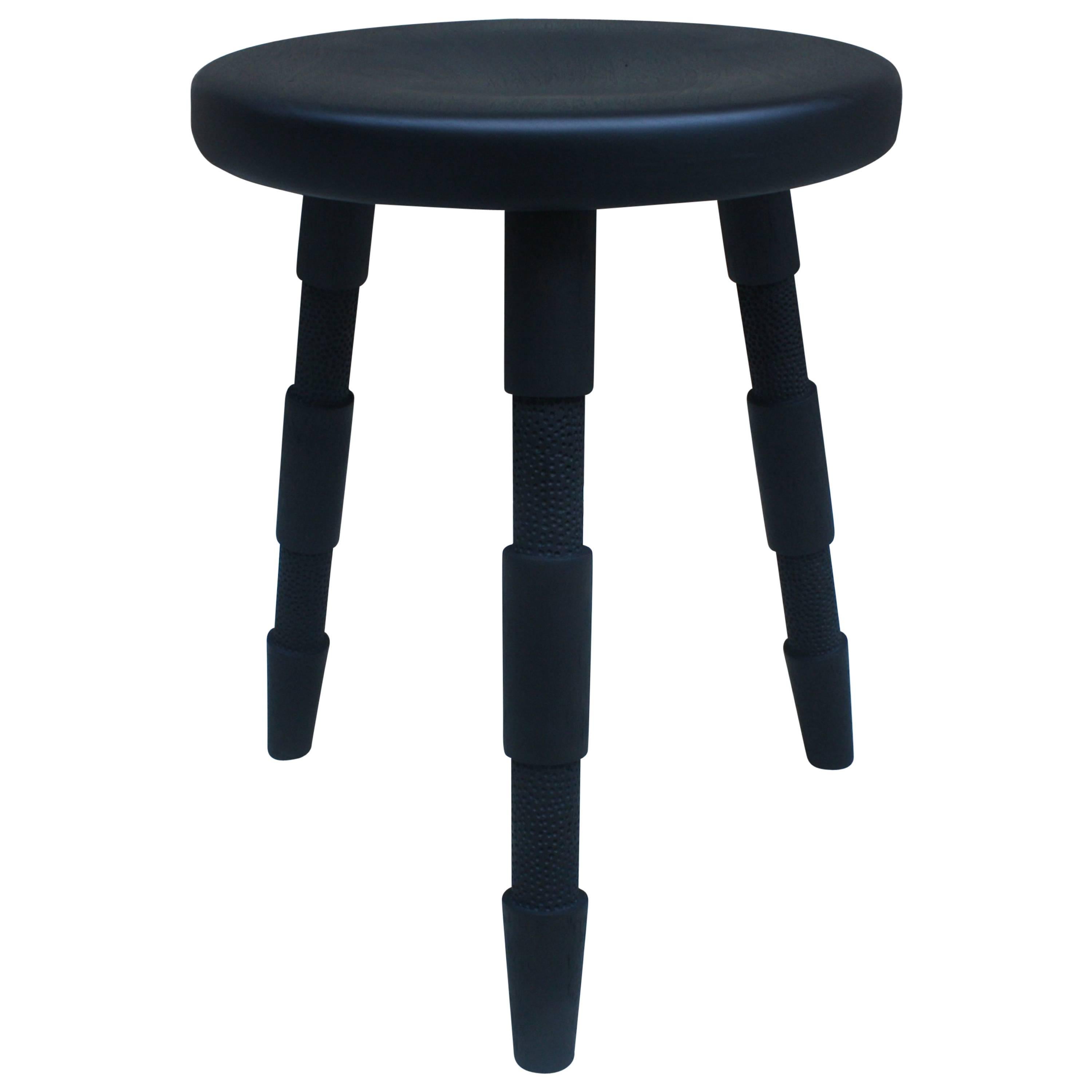 Saddle, Handmade Wood Stool with Textured Legs and a Carved Seat For Sale