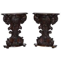 Pair of Hand-Carved Walnut Side End Lamp Wine Tables, circa 1910