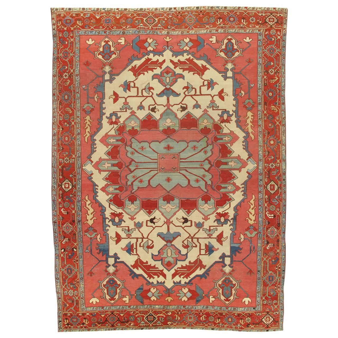 Antique Persian Serapi Carpet, Handmade Rug Ivory, Light Blue, Rusty Red For Sale