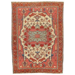 Antique Persian Serapi Carpet, Handmade Rug Ivory, Light Blue, Rusty Red