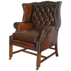 Vintage Restored 1960s Georgian Framed Chesterfield Whiskey Leather Wingback Armchair