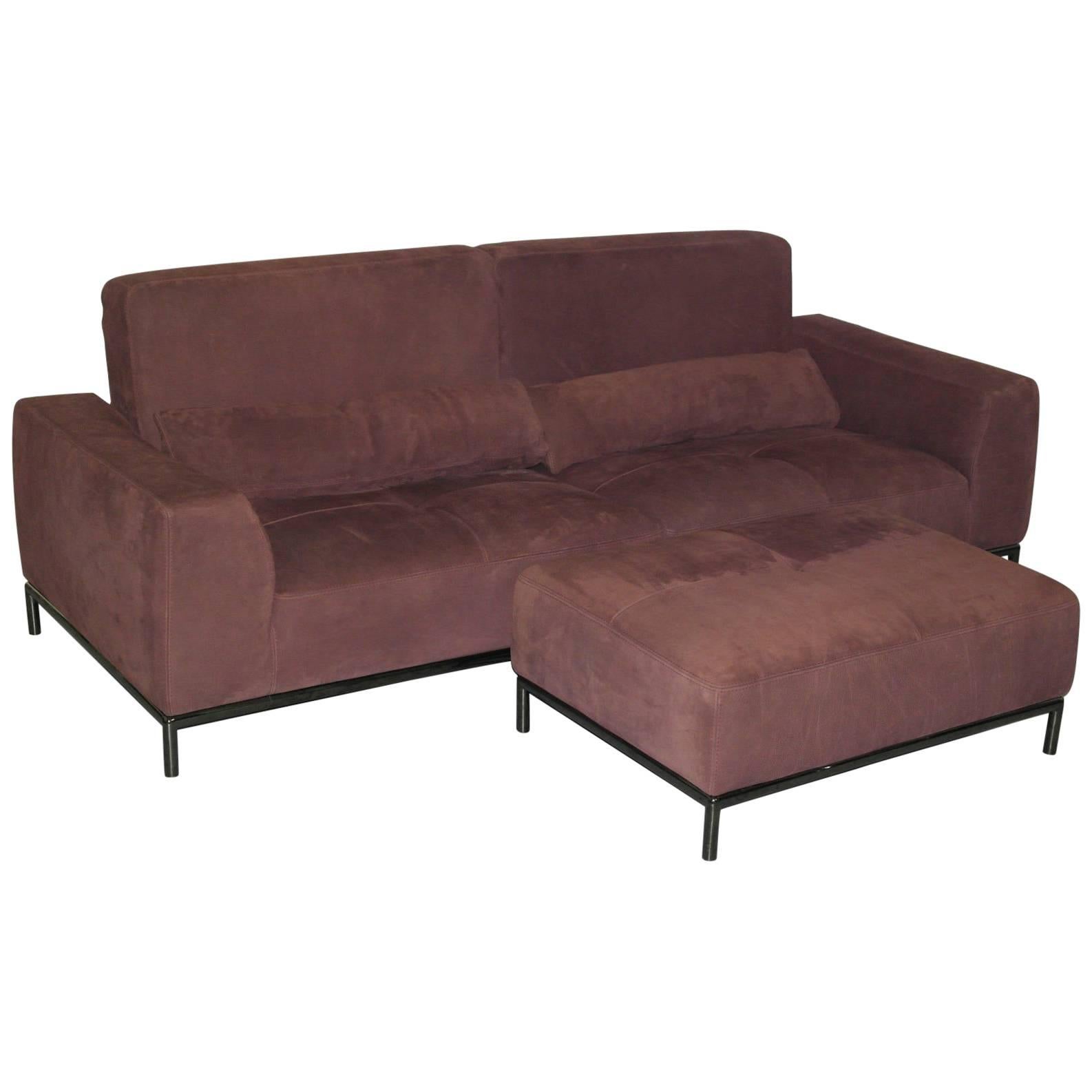 Nubuck Velvet Leather Recliner, Four-Seater Sofa and Footstool