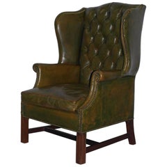 Antique Georgian Chesterfield Aged Green Leather Wingback Fireside Armchair, George III