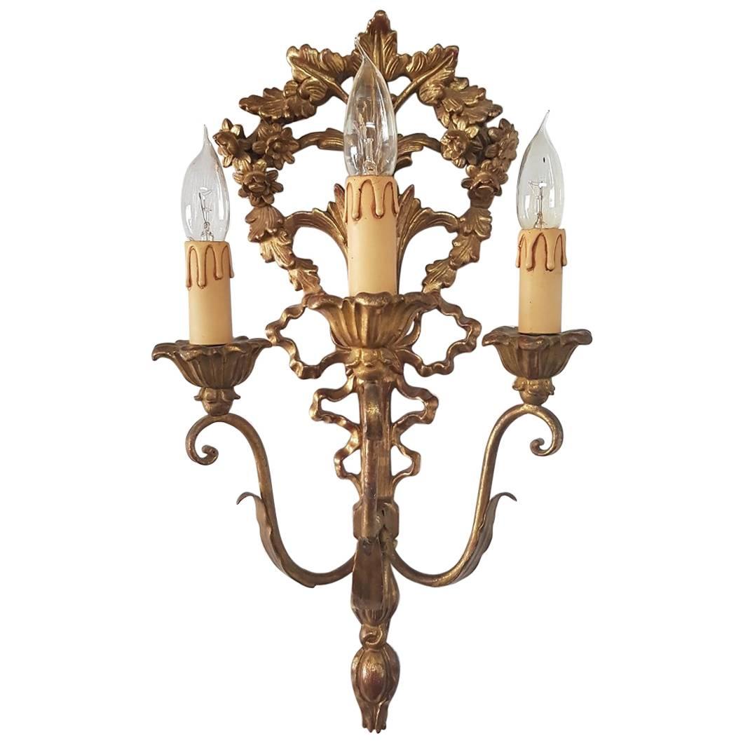 Italian Wooden Gilded Three-Light Wall Applique Louis Seize Style from the 1960s For Sale