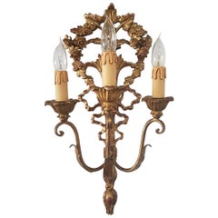 Italian Wooden Gilded Three-Light Wall Applique Louis Seize Style from the 1960s