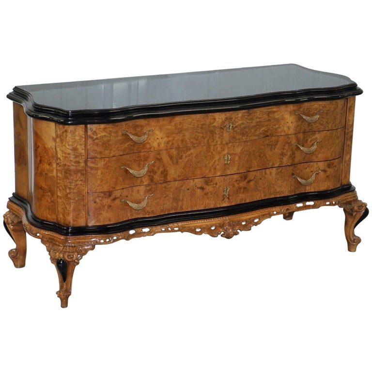 Stunning Italian Walnut Serpentine Fronted Glass Topped Large Chest of
