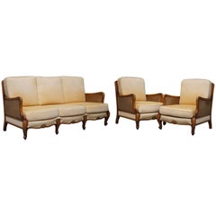 Vintage Early 20th Century Swedish Walnut Bergere Suite, Sofa and Pair of Armchairs