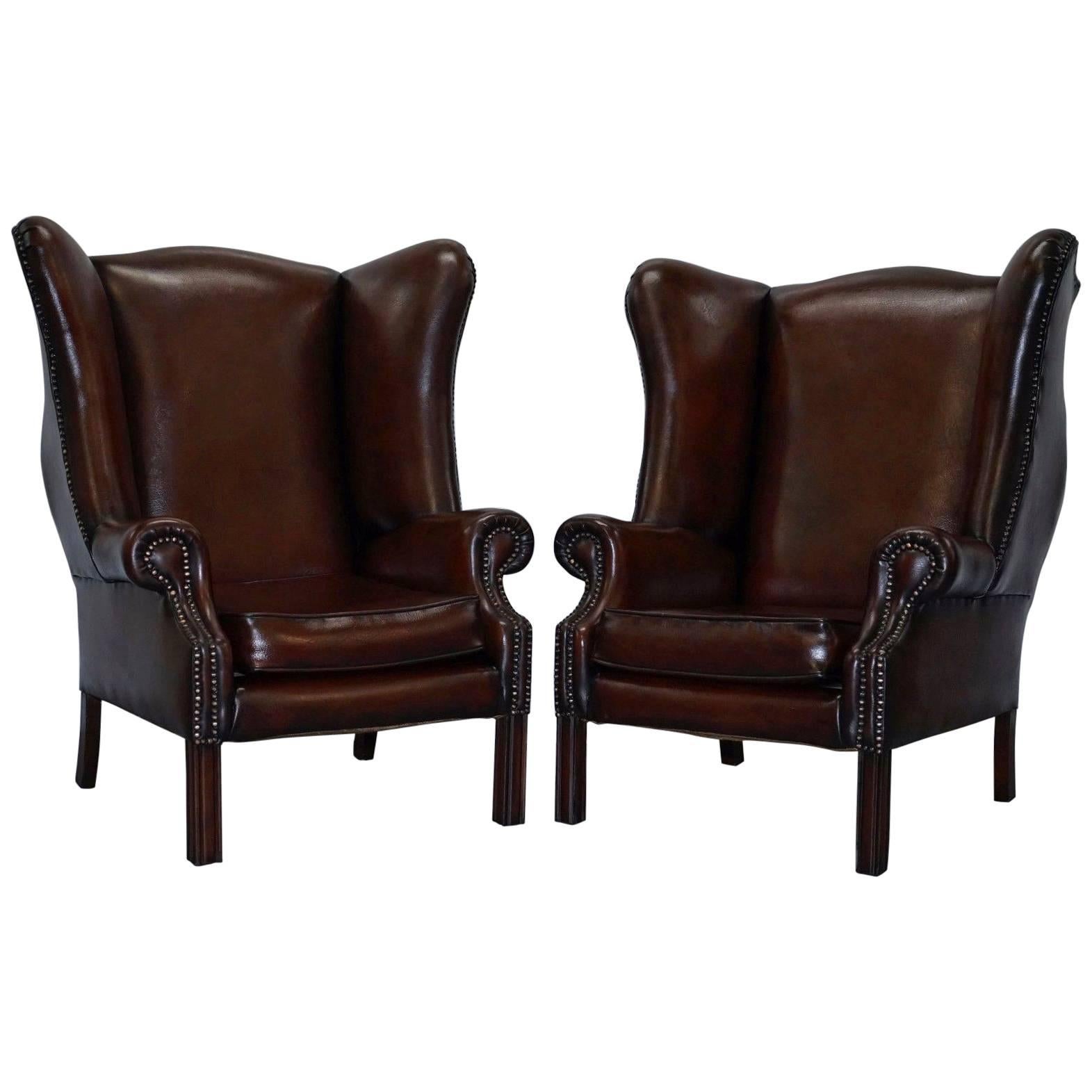 Pair of Restored Brown Leather Porters Wide Wingback Armchairs
