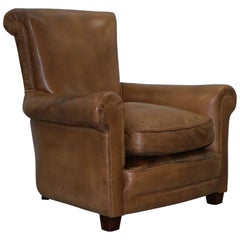 Antique Aged Tan Brown Leather Full Aniline English Gentlens Club Armchair