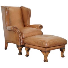RRP £2100 JOHN LEWIS COMPTON BROWN LEATHER ARMCHAIR & FOOTSTOOL Feather Filled