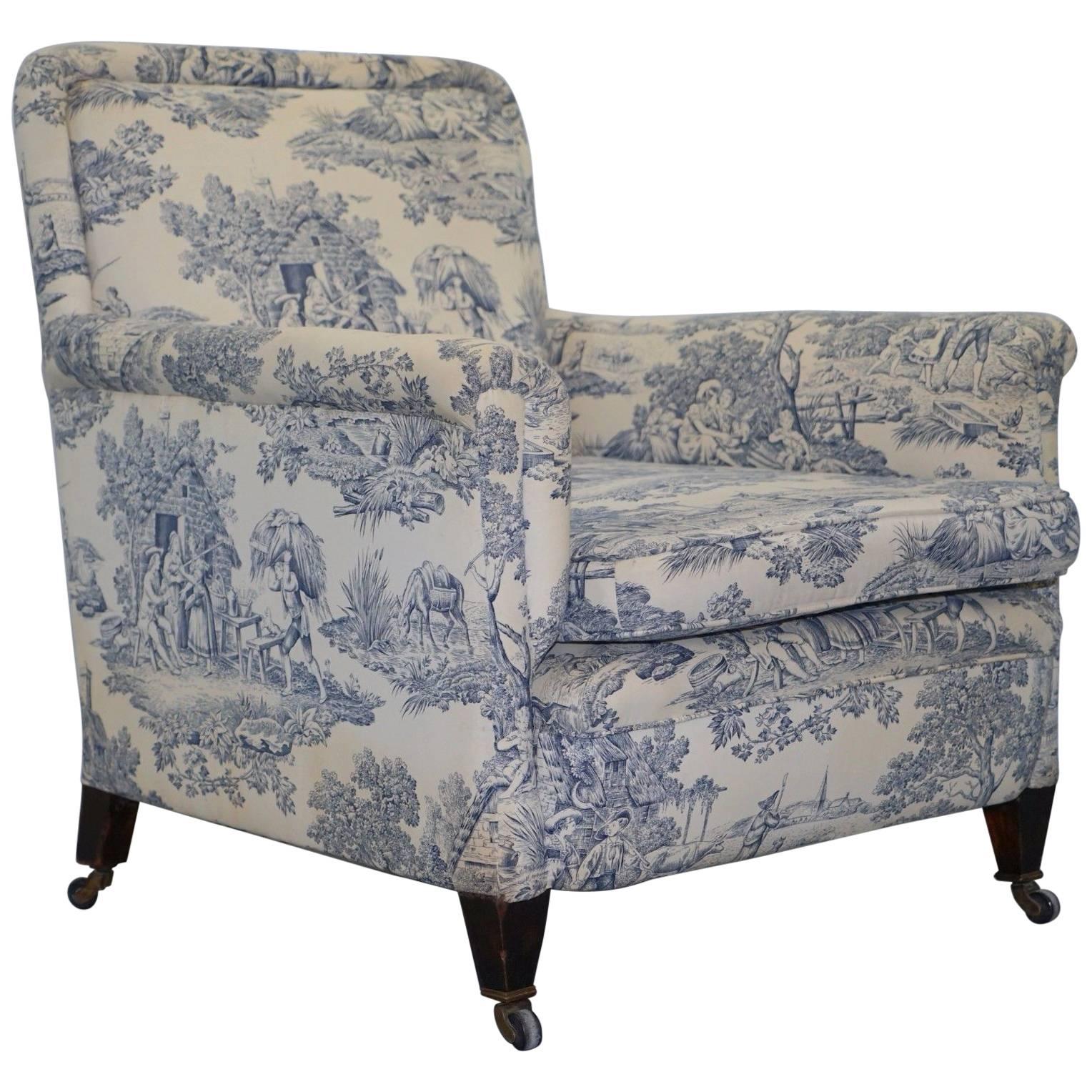 Original WG 1738 Stamped French Club Armchair Inc Toile de Jouy Style Upholstery