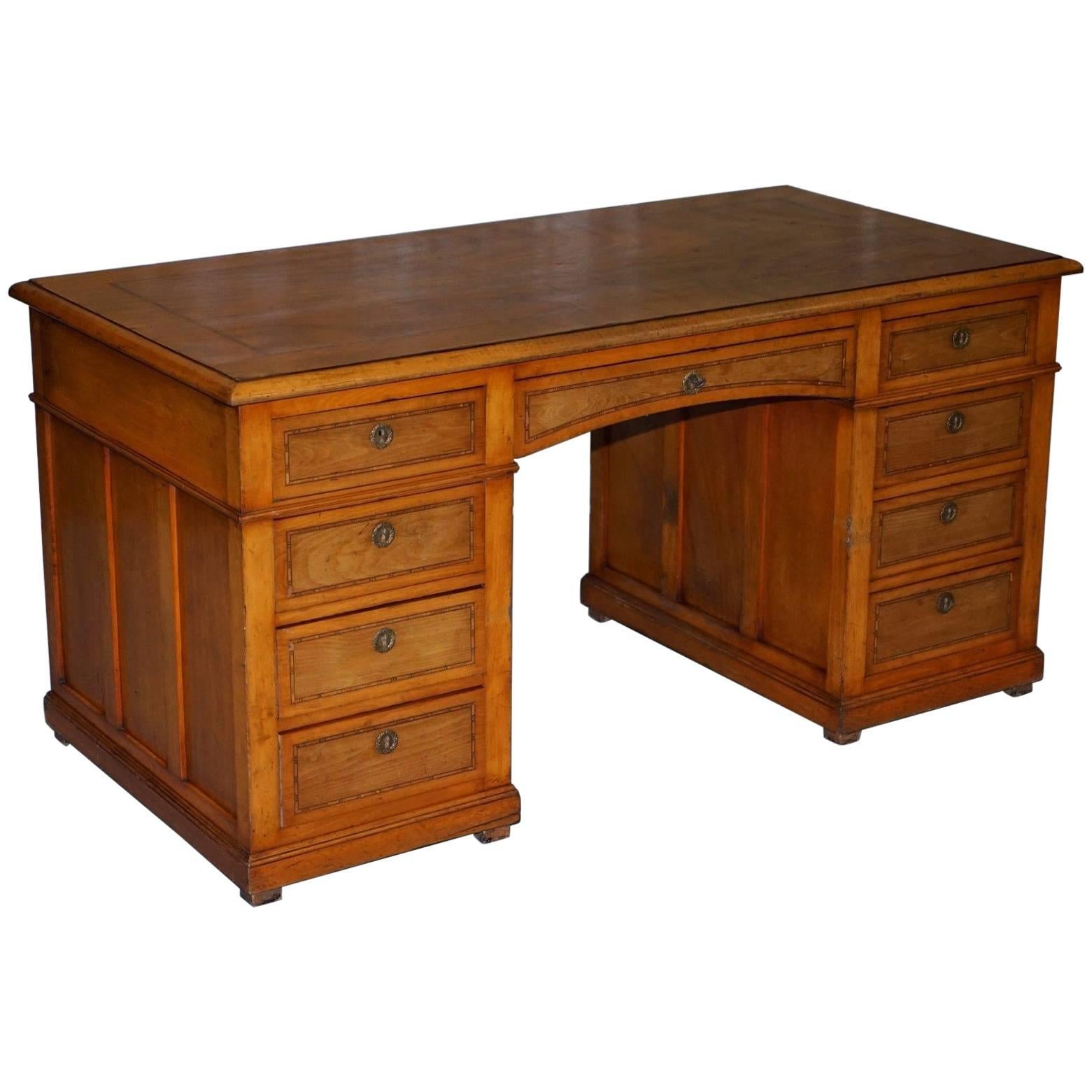 Victorian Satinwood and Boxwood Inlay Twin Pedestal Partner Desk Gillows