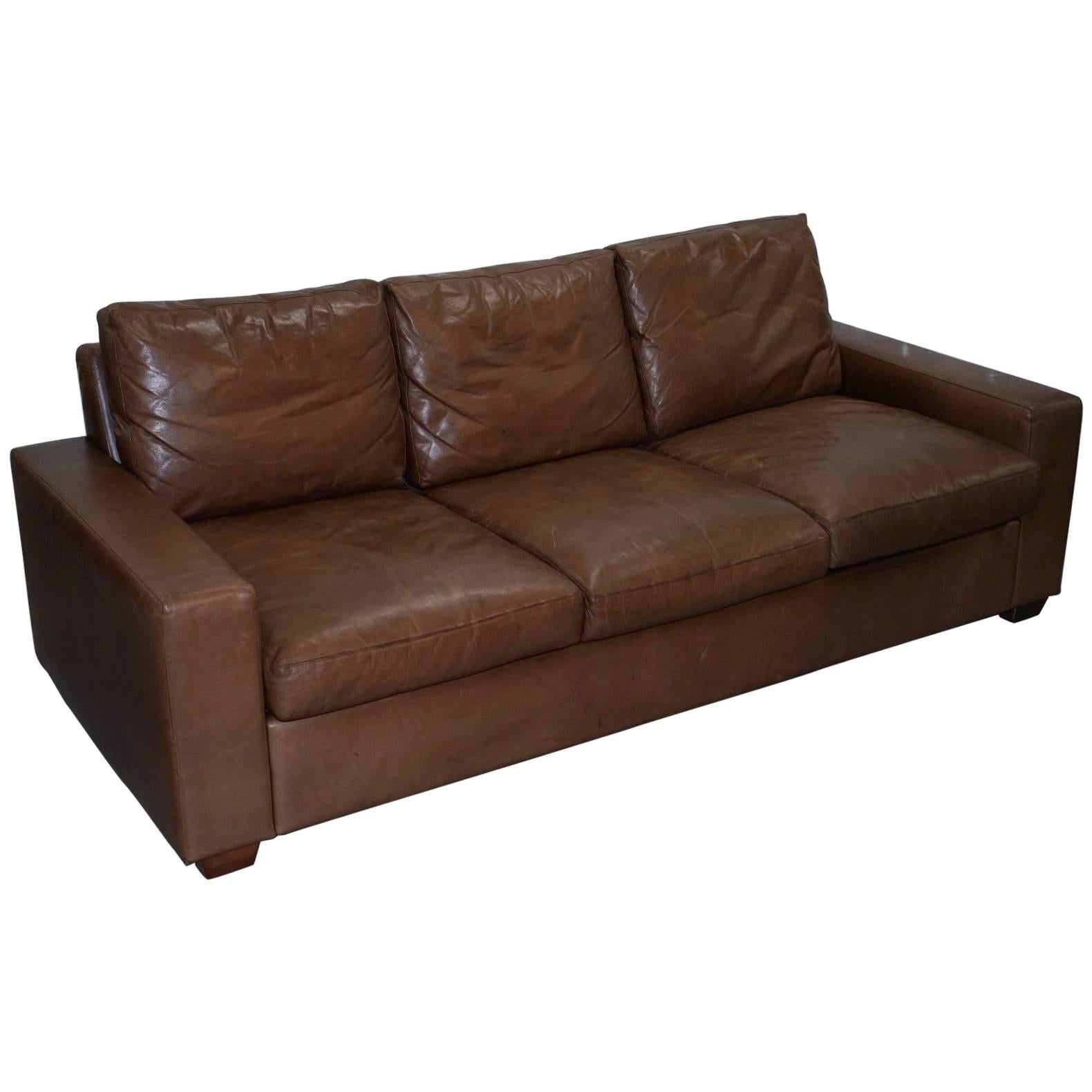 Four-Seater Fully Aniline Aged Brown Leather Sofa Bed